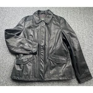 Eddie Bauer Black Genuine Leather Jacket‎  Women's Sz Petite Large PL Motorcycle